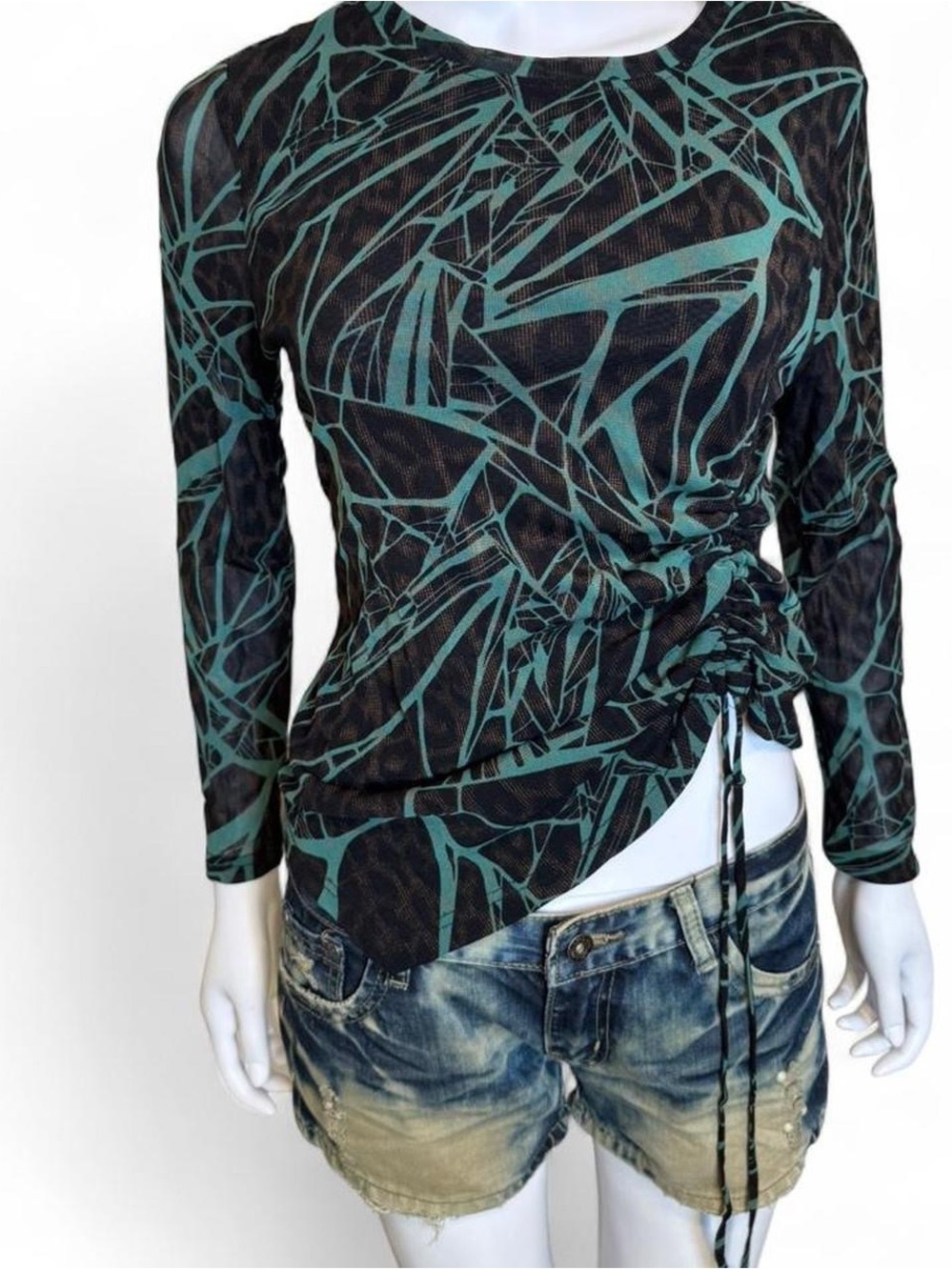 Long-Sleeve Ruched Side Abstract Print Top - Teal/Black